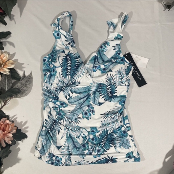 NWT LA BLANCA [ 4 ] Tranquility Palm‎ Ruffle Tankini Top in Aquamarine - Picture 4 of 10